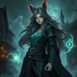 A female kitsune wizard depicted as a striking human with enchanting features and long flowing hair, adorned in mystical robes that shimmer with magic