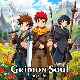 Anime cover titled "Grimon Soul" featuring three young boys aged 16