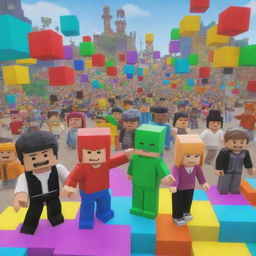 A dynamic, colorful and fun scene straight from the Roblox universe, showcasing characters interacting and creating within a vibrant, block-based virtual world.