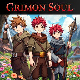 Anime cover titled "Grimon Soul" featuring three young boys aged 16