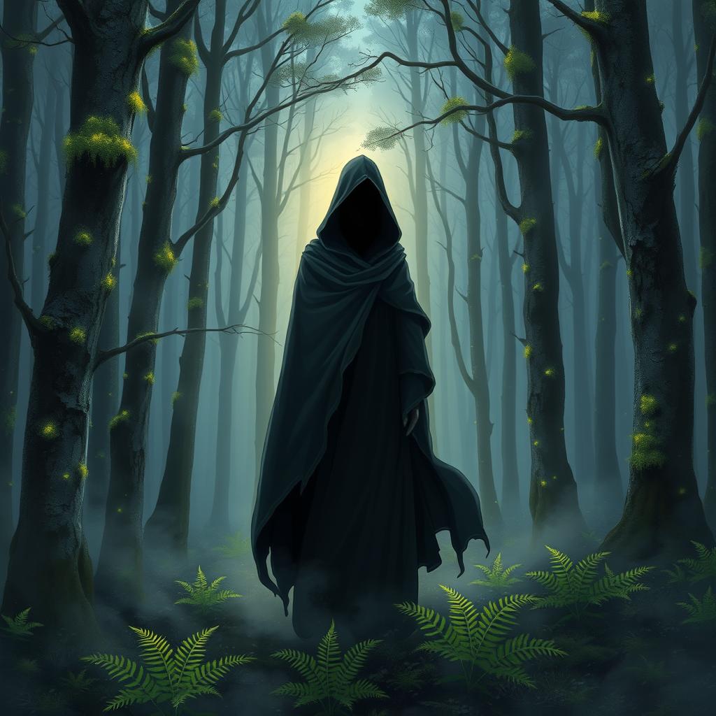 A highly detailed illustration of a mysterious, hooded figure standing in a foggy forest at dusk