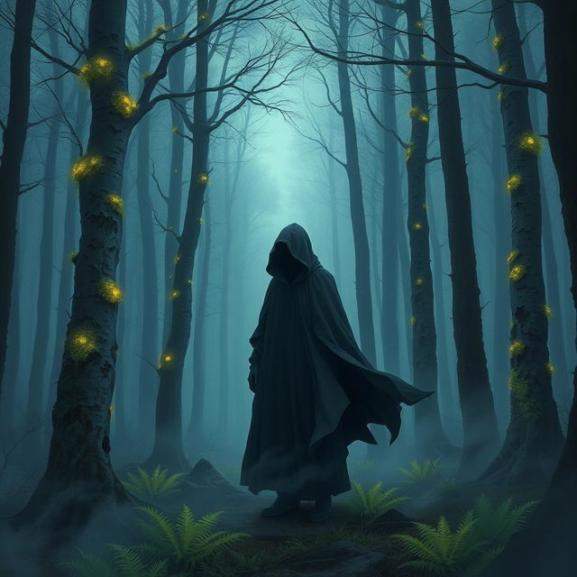 A highly detailed illustration of a mysterious, hooded figure standing in a foggy forest at dusk