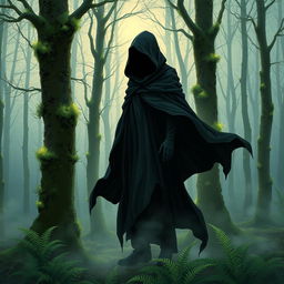 A highly detailed illustration of a mysterious, hooded figure standing in a foggy forest at dusk