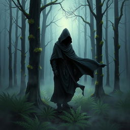 A highly detailed illustration of a mysterious, hooded figure standing in a foggy forest at dusk