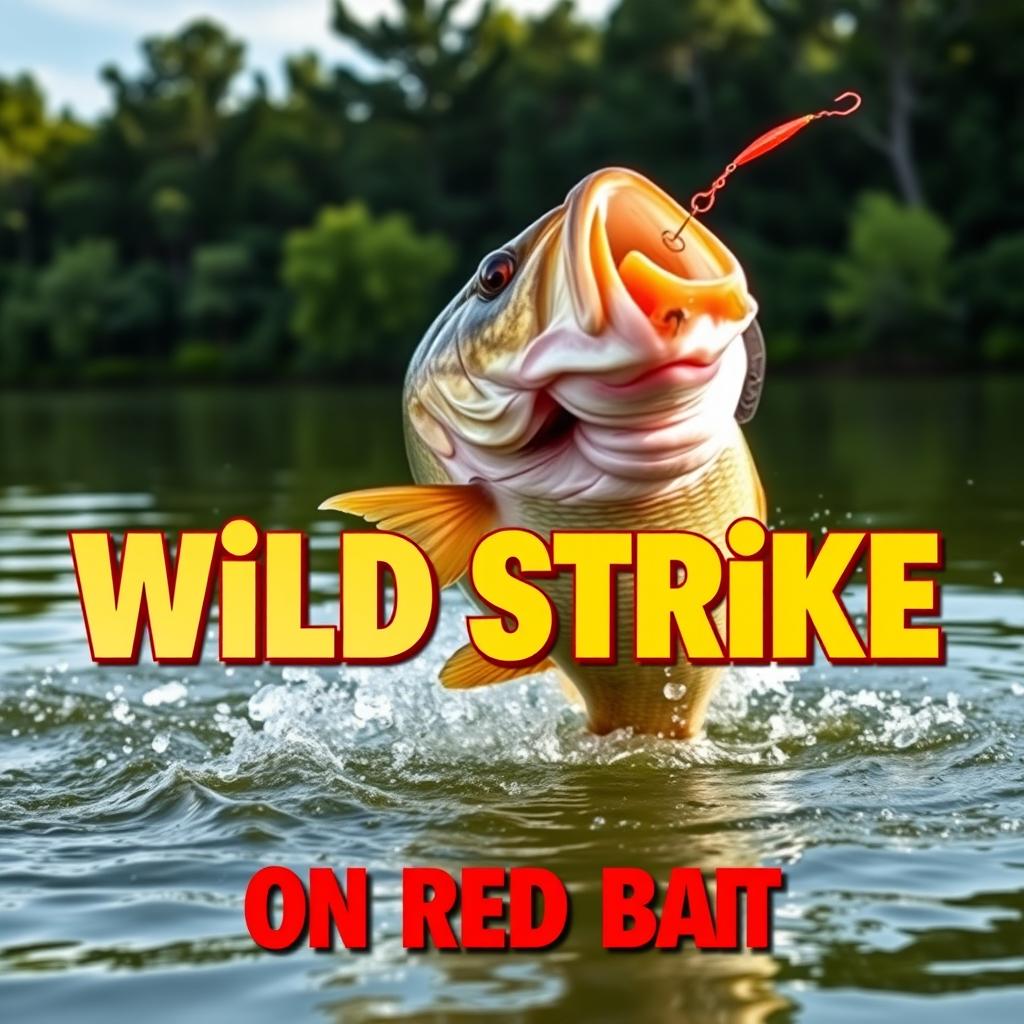 A dynamic close-up of a large bass fish leaping out of the water to attack a vibrant red lure, captured in mid-action