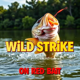 A dynamic close-up of a large bass fish leaping out of the water to attack a vibrant red lure, captured in mid-action