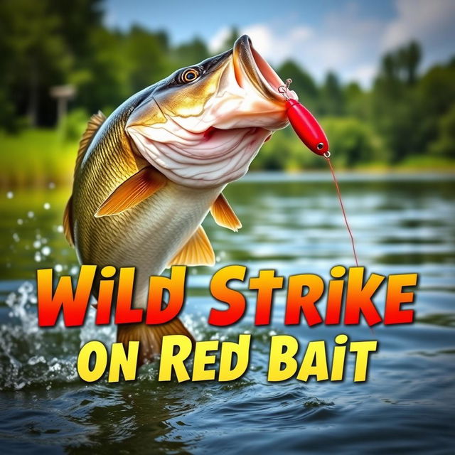 A dynamic close-up of a large bass fish leaping out of the water to attack a vibrant red lure, captured in mid-action