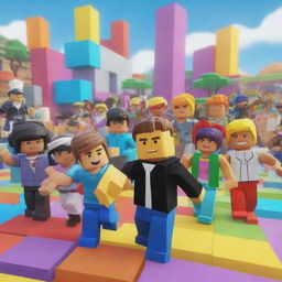 A dynamic, colorful and fun scene straight from the Roblox universe, showcasing characters interacting and creating within a vibrant, block-based virtual world.