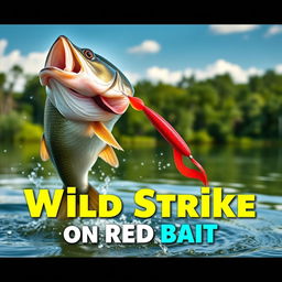 A dynamic close-up of a large bass fish leaping out of the water to attack a vibrant red lure, captured in mid-action