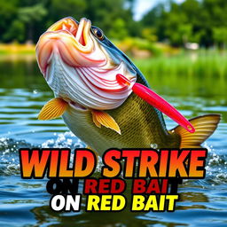 A dynamic close-up of a large bass fish leaping out of the water to attack a vibrant red lure, captured in mid-action