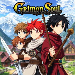 Anime cover titled "Grimon Soul" with a fantasy theme featuring three 16-year-old boys