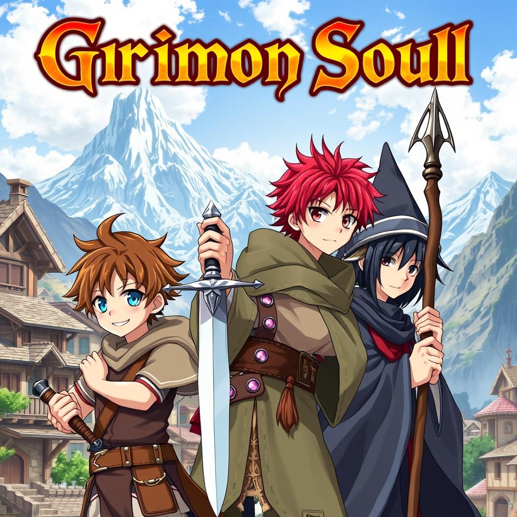 Anime cover titled "Grimon Soul" with a fantasy theme featuring three 16-year-old boys