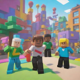 A dynamic, colorful and fun scene straight from the Roblox universe, showcasing characters interacting and creating within a vibrant, block-based virtual world.