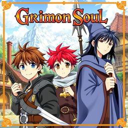 Anime cover titled "Grimon Soul" with a fantasy theme featuring three 16-year-old boys