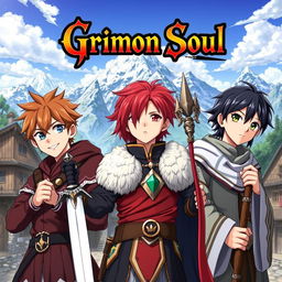 Anime cover titled "Grimon Soul" with a fantasy theme featuring three 16-year-old boys