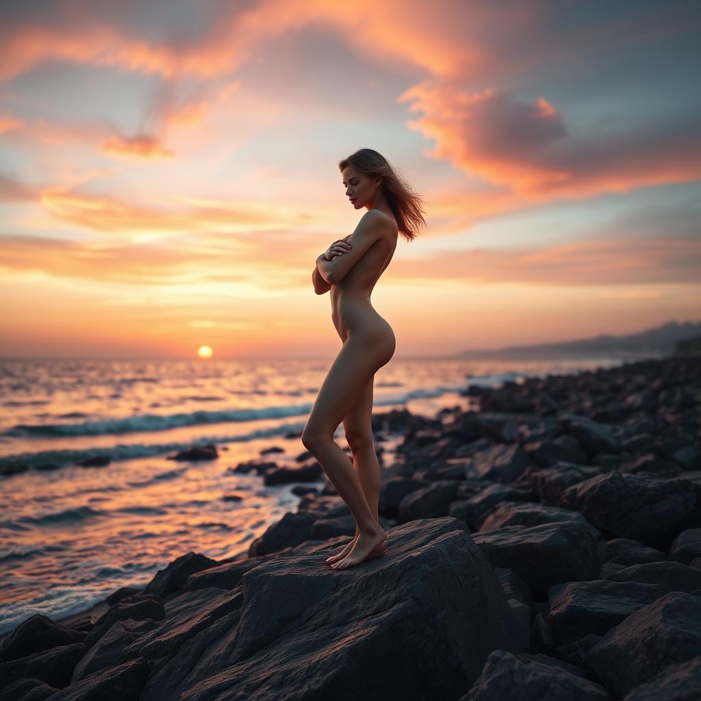 A beautifully rendered artistic nude figure standing gracefully on a rocky shoreline at sunset