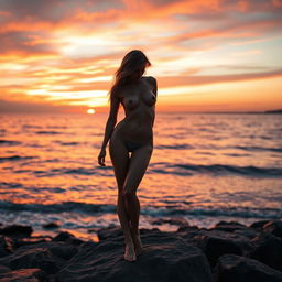 A beautifully rendered artistic nude figure standing gracefully on a rocky shoreline at sunset