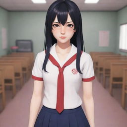 A stylistic and tasteful interpretation of the Yandere Simulator game, featuring the main character in the school environment, excluding any violent or graphic scenes.