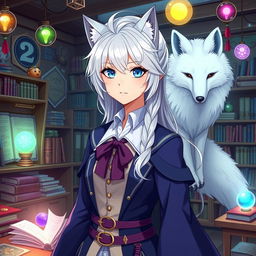 A female human wizard with stunning white-blond hair and captivating blue eyes, depicted in a vibrant anime style