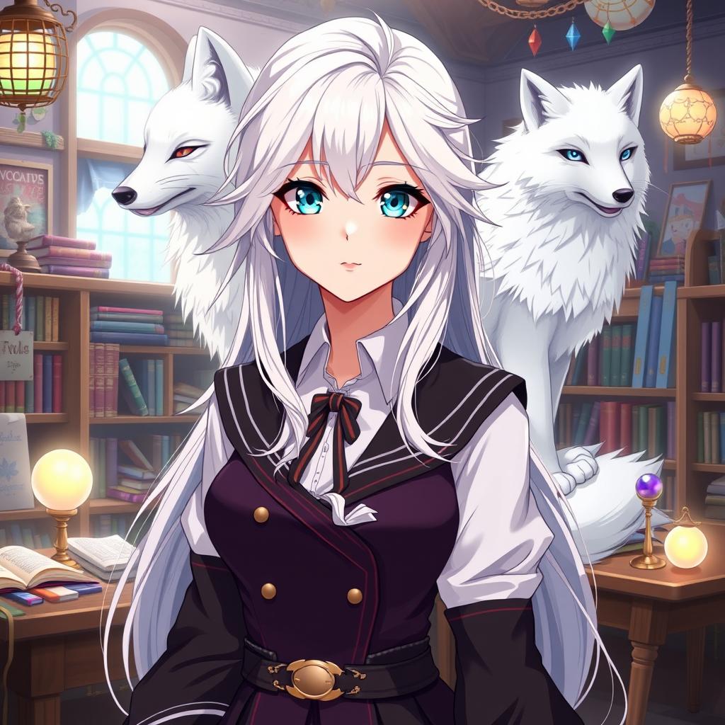 A female human wizard with stunning white-blond hair and captivating blue eyes, depicted in a vibrant anime style