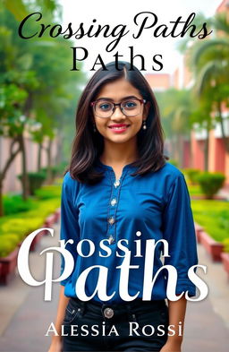 A captivating book cover featuring a smiling girl standing in the center of a vibrant campus setting