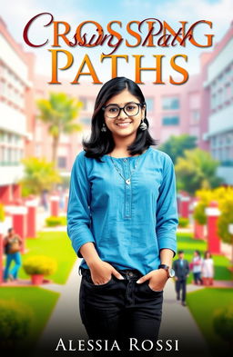 A captivating book cover featuring a smiling girl standing in the center of a vibrant campus setting