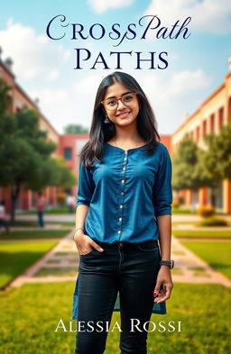 A captivating book cover featuring a smiling girl standing in the center of a vibrant campus setting