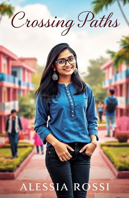 A captivating book cover featuring a smiling girl standing in the center of a vibrant campus setting