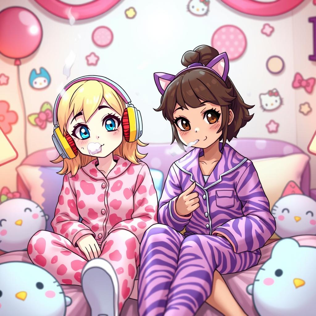 A colorful and lively scene featuring two Sanrio-inspired characters: a cheerful My Melody teen girl with dirty blonde hair highlighted in red and bright blue eyes, wearing cute pink cheetah print pajamas and large headphones, blowing soft puffs of smoke