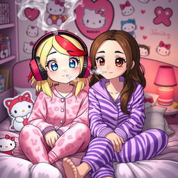 A colorful and lively scene featuring two Sanrio-inspired characters: a cheerful My Melody teen girl with dirty blonde hair highlighted in red and bright blue eyes, wearing cute pink cheetah print pajamas and large headphones, blowing soft puffs of smoke