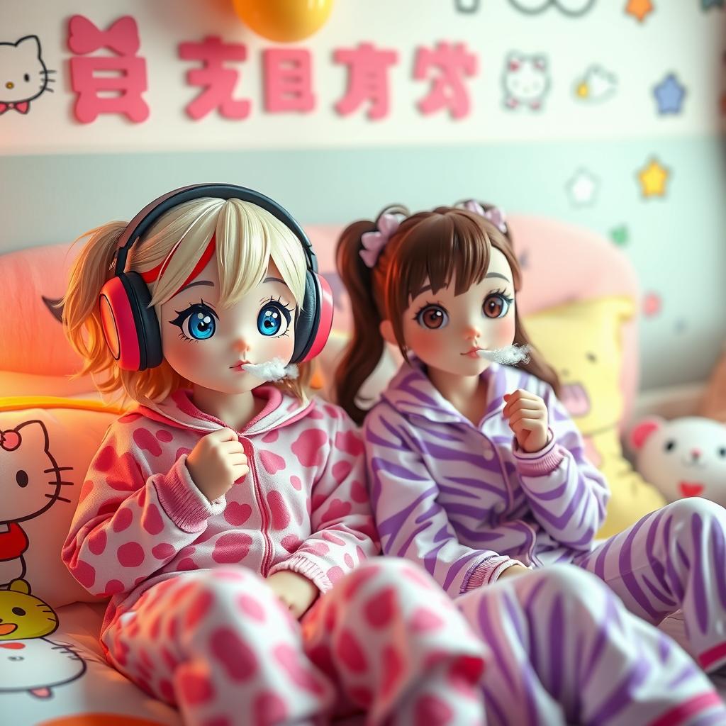 A colorful and lively scene featuring two Sanrio-inspired characters: a cheerful My Melody teen girl with dirty blonde hair highlighted in red and bright blue eyes, wearing cute pink cheetah print pajamas and large headphones, blowing soft puffs of smoke