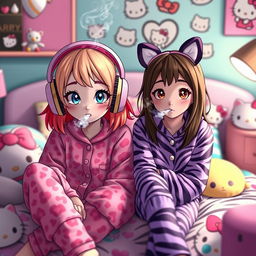 A colorful and lively scene featuring two Sanrio-inspired characters: a cheerful My Melody teen girl with dirty blonde hair highlighted in red and bright blue eyes, wearing cute pink cheetah print pajamas and large headphones, blowing soft puffs of smoke