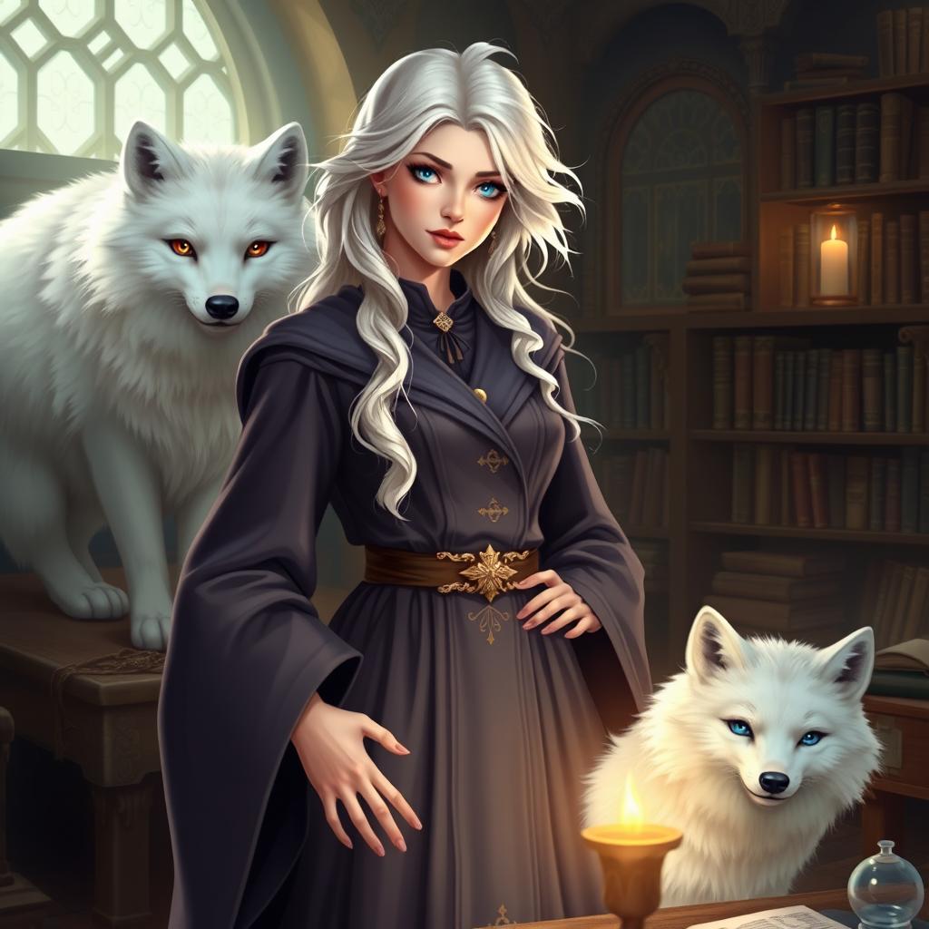 A female human wizard depicted as a schoolteacher, with striking white-blond hair and bright blue eyes