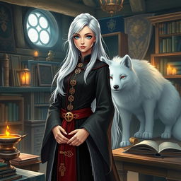 A female human wizard depicted as a schoolteacher, with striking white-blond hair and bright blue eyes