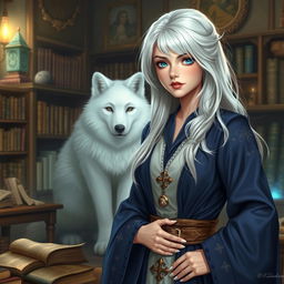 A female human wizard depicted as a schoolteacher, with striking white-blond hair and bright blue eyes