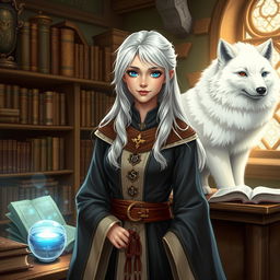 A female human wizard depicted as a schoolteacher, with striking white-blond hair and bright blue eyes