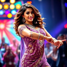 A stunning portrait of Yami Gautam performing an energetic item song on stage, dressed in a sparkling traditional outfit adorned with sequins and intricate embroidery