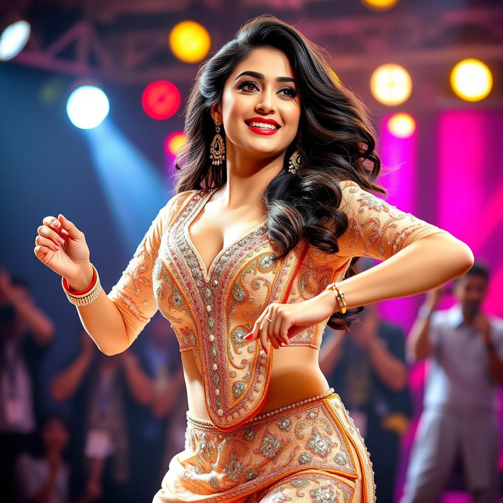 A stunning portrait of Yami Gautam performing an energetic item song on stage, dressed in a sparkling traditional outfit adorned with sequins and intricate embroidery