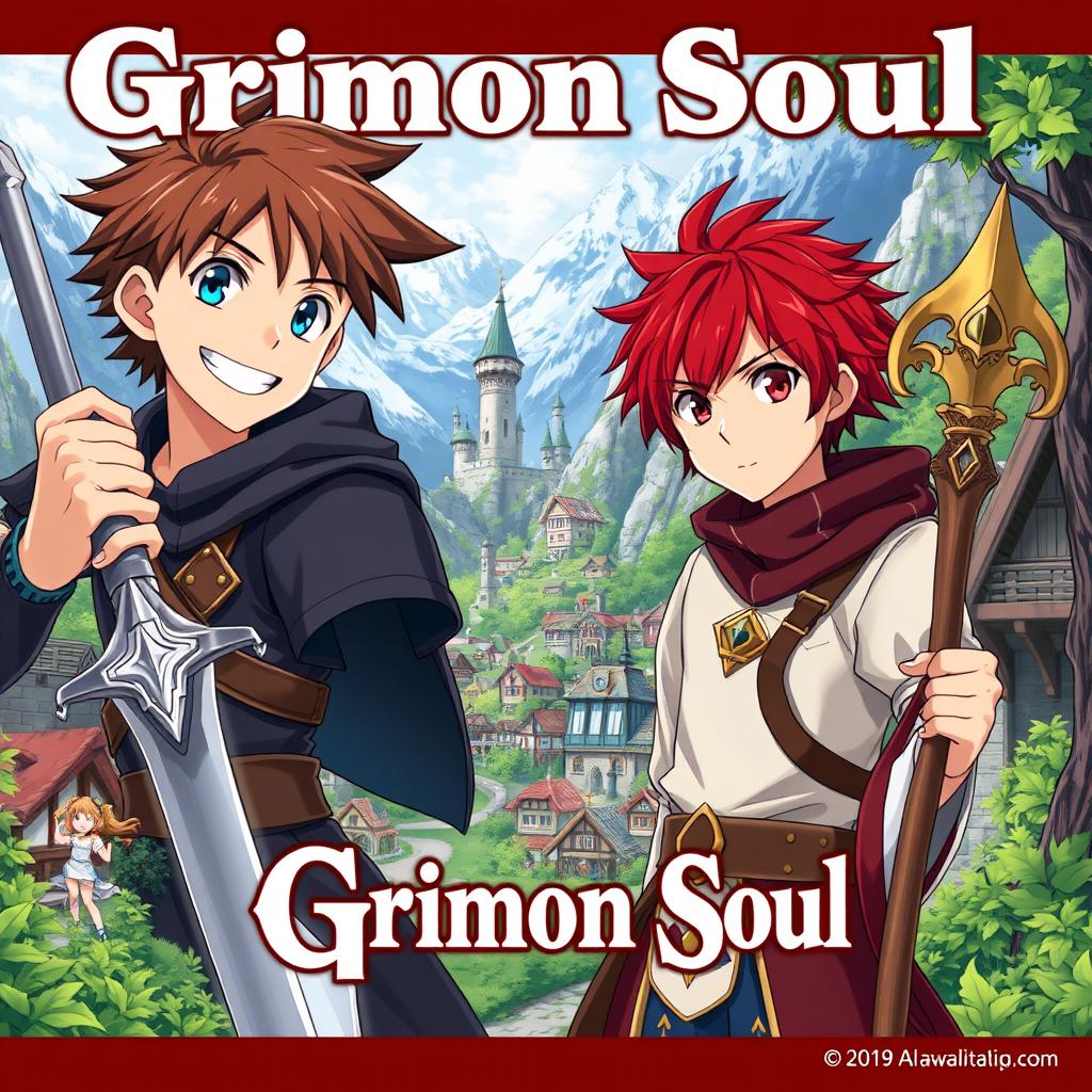 Anime cover titled "Grimon Soul", featuring three 16-year-old boys in a fantasy setting