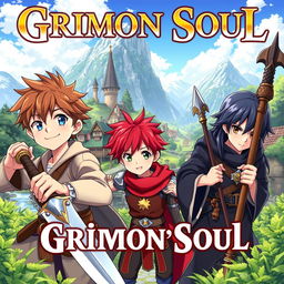 Anime cover titled "Grimon Soul", featuring three 16-year-old boys in a fantasy setting