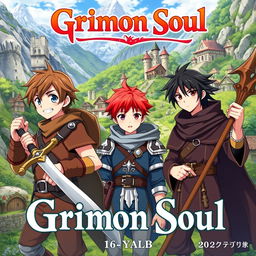 Anime cover titled "Grimon Soul", featuring three 16-year-old boys in a fantasy setting