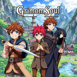 Anime cover titled "Grimon Soul", featuring three 16-year-old boys in a fantasy setting