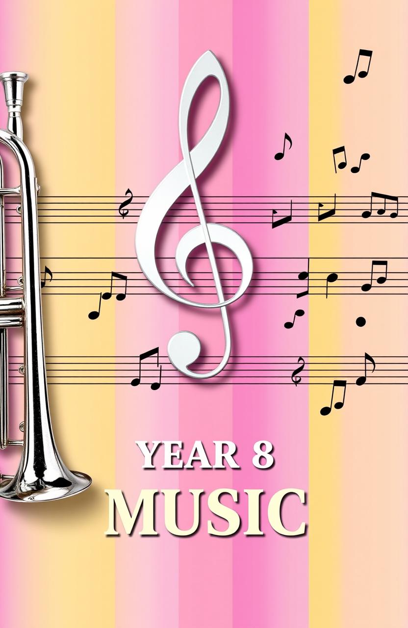 A vibrant and creative music cover page design featuring a prominent treble clef and bass clef intertwined on either side