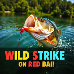 A captivating close-up image of a large bass fish energetically attacking a bright red lure in the clear water, illustrating thrilling action