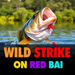 A captivating close-up image of a large bass fish energetically attacking a bright red lure in the clear water, illustrating thrilling action