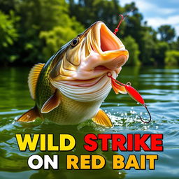 A captivating close-up image of a large bass fish energetically attacking a bright red lure in the clear water, illustrating thrilling action