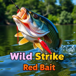 A captivating close-up image of a large bass fish energetically attacking a bright red lure in the clear water, illustrating thrilling action