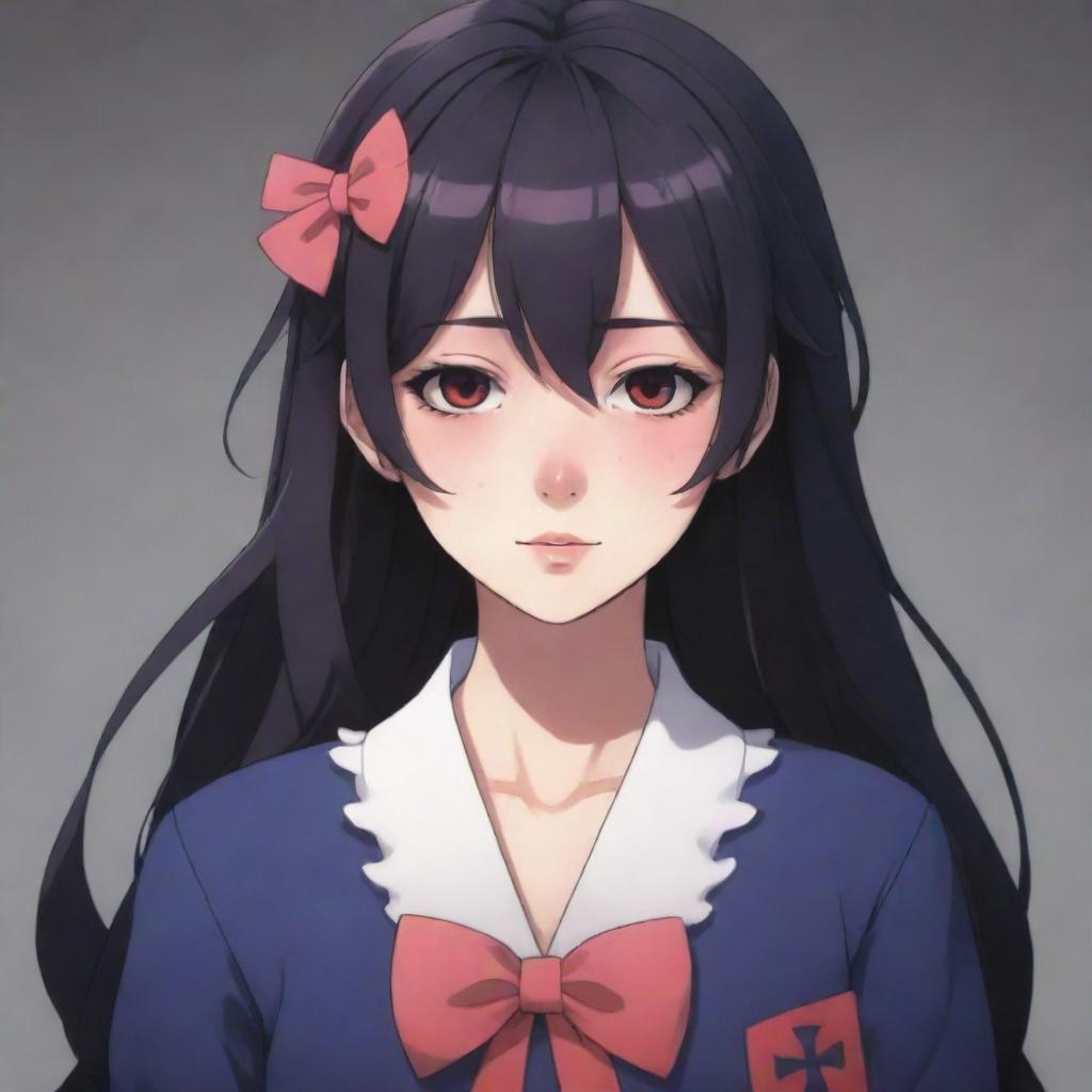 A stylized anime character embodying the 'Yandere' archetype with a sweet appearance, but subtly hinting at a darker personality. No graphic or violent elements included.