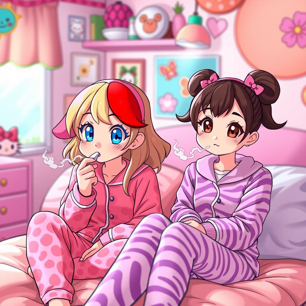 A lively and colorful scene featuring two Sanrio-inspired characters: a playful My Melody teen girl with dirty blonde hair highlighted in red and bright blue eyes, dressed in cute pink cheetah print pajamas, blowing soft puffs of smoke