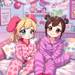 A lively and colorful scene featuring two Sanrio-inspired characters: a playful My Melody teen girl with dirty blonde hair highlighted in red and bright blue eyes, dressed in cute pink cheetah print pajamas, blowing soft puffs of smoke